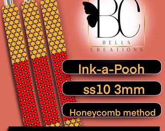 May include: Three long, thin, cylindrical items featuring a repeating honeycomb pattern in yellow and red. The image includes the text BC Bells Creations, Ink-a-Pooh, ss10 3mm, Honeycomb method, and For personal usage only on a coral background.