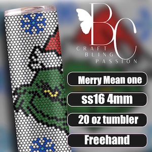 May include: A 20 oz tumbler with a white, green, red, and blue dot pattern. The tumbler has the text "Merry Mean one", "ss16 4mm", and "Freehand". The tumbler also has the text "Craft Bling Passion".