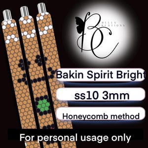 May include: Three decorative pen-like objects with a honeycomb pattern in shades of tan, white, black, and green. The text on the image reads "Bakin Spirit Bright", "ss10 3mm", "Honeycomb method", and "For personal usage only".