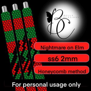 May include: Three cylindrical objects with a red, green, and black pattern. The text "Nightmare on Elm", "ss6 2mm", and "Honeycomb method" are displayed on red rectangular labels. The image also includes the text "For personal usage only".