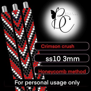 May include: Three beaded pens with a red, white, and black pattern. The text "Crimson crush", "ss10 3mm", and "Honeycomb method" are displayed. The phrase "For personal usage only" is also visible.