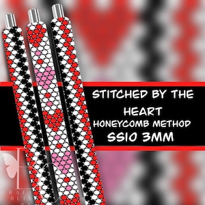 May include: Three pens with a beaded design in red, white, black, and pink. The pens have a honeycomb pattern with a heart design. The text on the image reads "Stitched by the Heart Honeycomb Method SSIO 3MM."