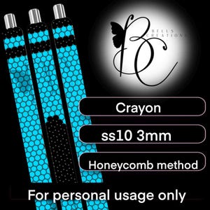 May include: Three decorative pens with a blue and black honeycomb pattern. The pens have silver tips and are labeled "Crayon", "ss10 3mm", and "Honeycomb method". The text "For personal usage only" is also visible.