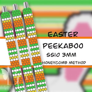 May include: Three pen-like objects with a honeycomb pattern in green, orange, white, and yellow. The text "EASTER PEEKABOO SSIO 3MM HONEYCOMB METHOD" is displayed on a white and orange background, with a blurred Easter bunny graphic.