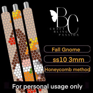 May include: Three pens with intricate designs, showcasing a fall gnome theme. The pens have a honeycomb pattern and are decorated with red, brown, orange, and yellow accents. The image text reads "Fall Gnome", "ss10 3mm", and "Honeycomb method".