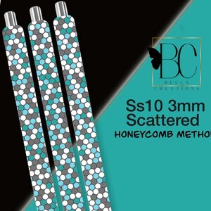 May include: Three cylindrical pens featuring a scattered pattern of white, light blue, and grey circles. The text on the teal background reads BC Bells Creations, Ss10 3mm Scattered, and HONEYCOMB METHOD. Each pen has a silver metallic top.