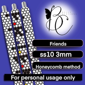 May include: Three beaded pens with a black and white pattern, accented with red, yellow, and blue dots. The image includes the text "Friends", "ss10 3mm", "Honeycomb method", and "For personal usage only". A logo with a butterfly is also present.