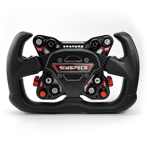 May include: A black racing simulation steering wheel featuring a carbon fiber center plate with the text SIMSPECS. The device includes multiple circular buttons, red rotary dials, and ergonomic black hand grips on both sides of the frame.