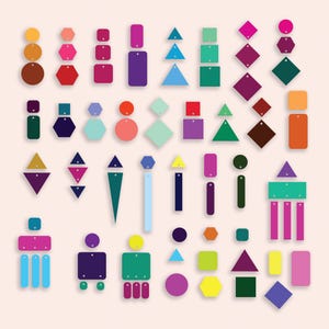 May include: A selection of brightly coloured geometric shapes, including circles, squares, triangles, and hexagons. The shapes are arranged in a grid pattern against a light beige background, creating an abstract design. Measurements are not applicable.