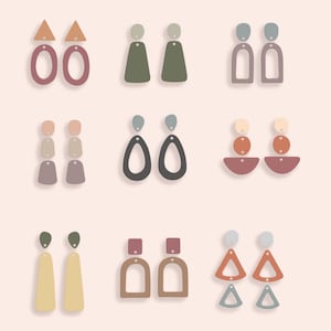 Puede incluir: Una colección de nueve pares de pendientes geométricos coloridos. Los pendientes presentan varias formas, incluyendo óvalos, triángulos y rectángulos, en tonos de rosa, verde, gris y amarillo. Cada par tiene una parte superior de tachuela y un diseño colgante.