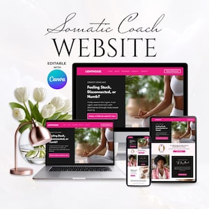 May include: A website design mockup for a somatic coach, displayed on a desktop computer, laptop, tablet, and smartphone. The website features a pink and black color scheme with the text "Feeling Stuck, Disconnected, or Numb?" and "BOOK A FREE 20 MINUTE CALL".