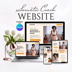May include: A website design mockup for a somatic coach, displayed on a laptop, tablet, and smartphone. The website features a woman in a white top and pink pants. The text reads "Somatic Coach WEBSITE" and "Feeling Stuck, Disconnected, or Numb?"