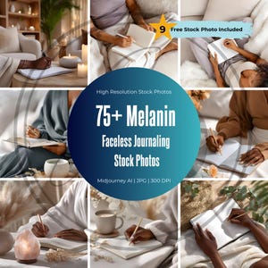 Puede incluir: Un collage de nueve fotos de archivo que muestran a personas escribiendo en cuadernos. Las imágenes tienen una paleta de colores cálidos y neutros. La imagen central incluye el texto "75+ Melanin Faceless Journaling Stock Photos."