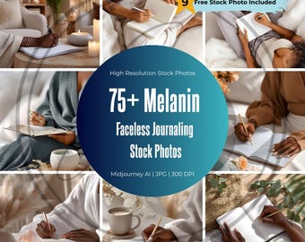 May include: A collage of nine stock photos featuring people writing in notebooks. The images have a warm, neutral color palette. The central image includes the text "75+ Melanin Faceless Journaling Stock Photos."