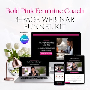 Może przedstawiać: Grafika marketingu cyfrowego z tekstem "Bold Pink Feminine Coach 4-PAGE WEBINAR FUNNEL KIT". Obraz przedstawia laptopa, komputer stacjonarny, tablet i telefon wyświetlające zawartość webinarium. Bukiet białych tulipanów i lampa w kolorze różowego złota również znajdują się na zdjęciu.