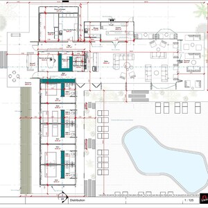 May include: Detailed architectural floor plan showing room layouts, including bedrooms, living areas, and a pool. The plan includes dimensions and labels, with a scale of 1:125. The design has a modern aesthetic.