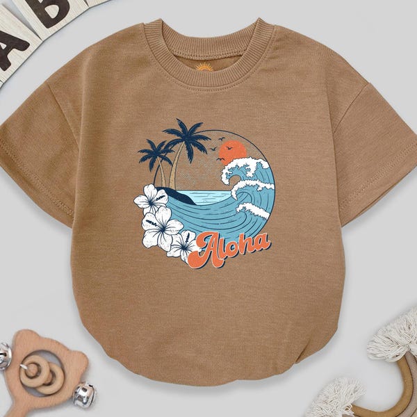 Pelele Aloha para bebé, body retro tropical con estampado de atardecer para niños pequeños, conjunto de verano con estampado de flores de hibisco y olas del océano, regalo de vacaciones unisex en color marrón.