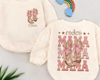 Rodeo Mama Coquette Cowgirl-Strampler, rosa Cowboystiefel & Schleifen, Western-Geburtstagsoutfit für Baby/Kleinkind, Geschenk für die erste Rodeo-Kuchenschlacht