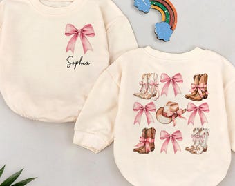 Personalisierter Baby-Strampler mit Cowboystiefeln und rosa Schleifen, Western-Body mit Cowboystiefeln, Outfit für Neugeborene und Kleinkinder, Geschenk zur Babyparty