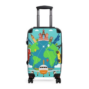 Valise de voyage colorée, équipement de voyage, bagages pour l'aventure, vacances, cadeaux pour les voyageurs, conception de carte du monde amusante