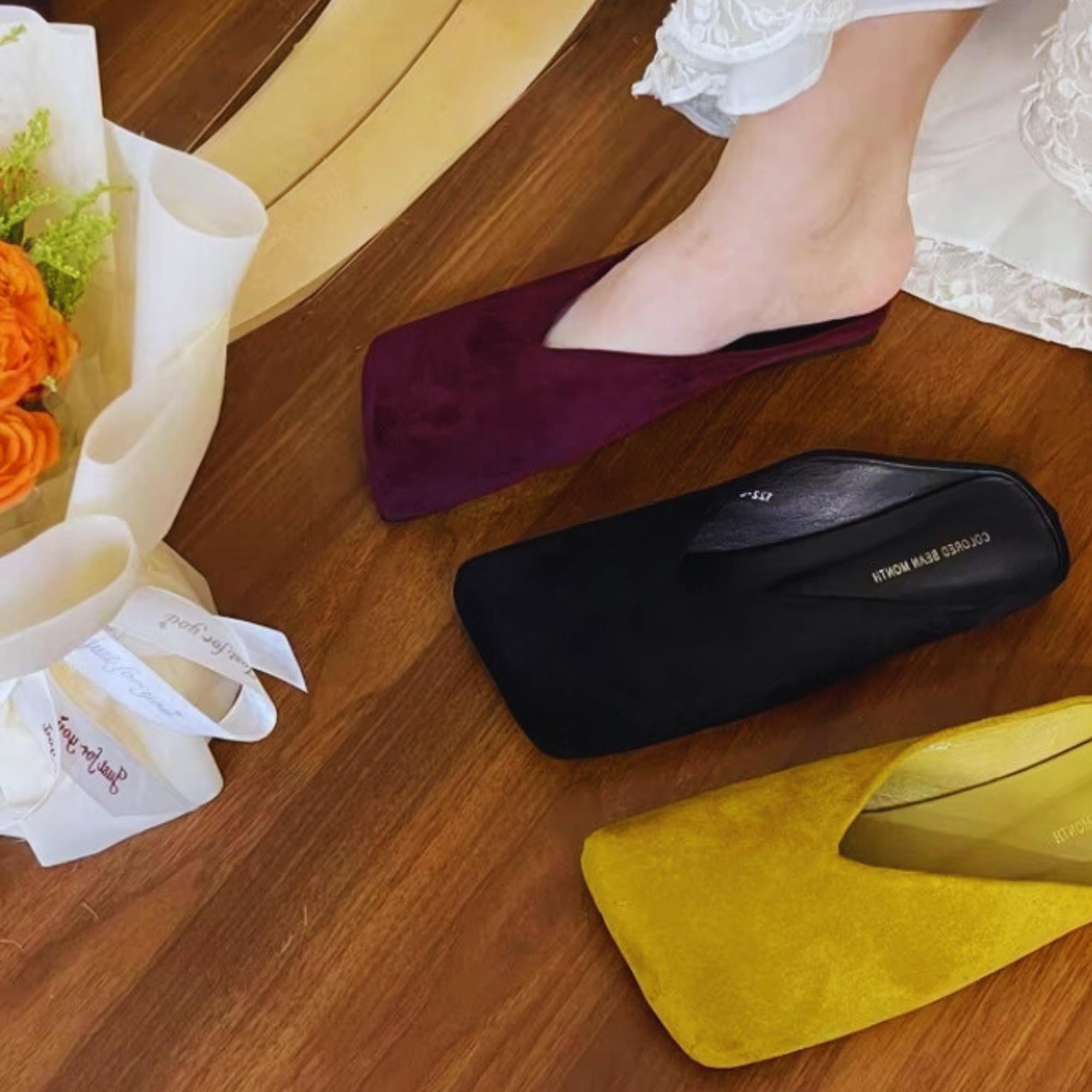 Suede Flats Women Cotton Slippers Square Toe Fashion Mules Shoes