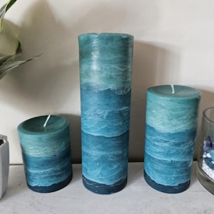 Set of Teal Aqua Blue Beach Pillar Candles (Ready to Ship Next Day) l Handmade Beach Pillar Candle For Decor or Gift