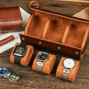 Leather Watch Case,Personalized Travel Watch Box for Him,Custom Watch Roll Storage Holder, Travel Watch Case,Grooms Fathers Gift