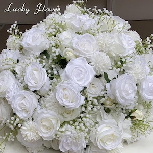 Artificial Flower Ball, Wedding Rose & Baby’s Breath Centerpiece Décor White Rose Wedding Arrangement Table Centerpiece Artificial Flower