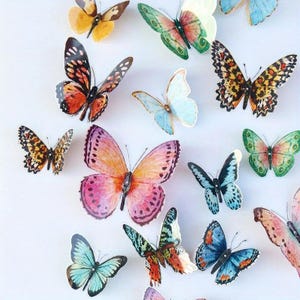 May include: A collection of colorful butterfly decorations in various sizes and patterns. The butterflies feature a range of colors, including orange, pink, blue, green, and yellow, with detailed wing designs. The butterflies are arranged on a white background.