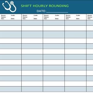 Op de afbeelding: Een blauw en wit medisch formulier met de titel "SHIFT HOURLY ROUNDING" en een stethoscoopafbeelding. Het formulier bevat secties voor datum, tijd, kamer, naam, geslacht, code en dieet.