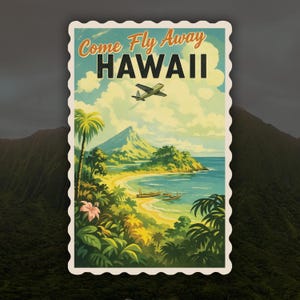 Come Fly Away Hawai‘i Sticker – Vintage Island Travel Postcard Decal
