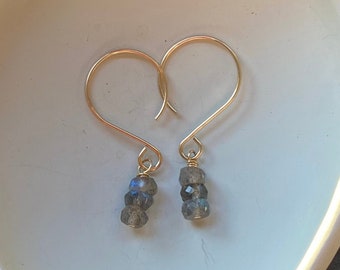 Labradorite Stack Earrings, Gold fill balloon Ear Hooks, Tiny Labradorite Bead Dangle, Flashy Blue Gray Gemstone