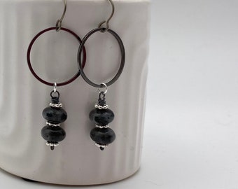 Larvikite Bead Earrings, Black Stone Dangle, Metal Circle Drop, Gift for Friend, Natural Gemstone Earrings