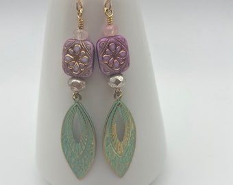 Lilac Czech Glass Earrings, Boho Beaded Long Drop, Patina Green Art Deco Dangle, Summer Festival Earrings