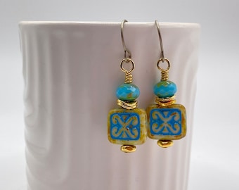 Square Bead Earrings, Blue Bead, Square Blue & Tan Czech Glass Bead, Under 2 inches, Hypoallergenic Earwires, Gift for Mom