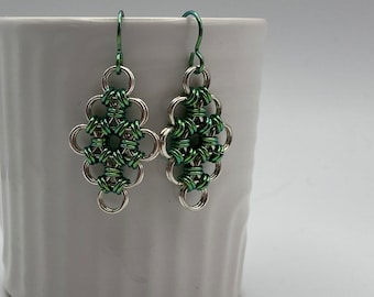 Honeycomb Earrings, Japanese Chainmail, Green Niobium and Sterling Silver Jump Rings, Small Dangle Earring