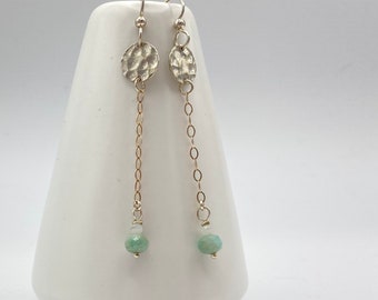 Long Amazonite Dangle Earrings, Blue Green Amazonite, Hammered Silver Disks, Shoulder Dusters