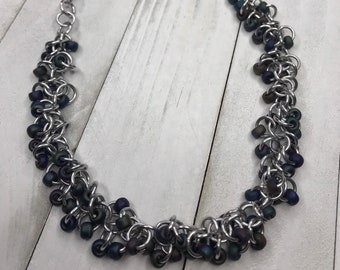 bib necklace online Chainmail Statement Necklace, Blue and Silver Beaded, Bib Necklace, Aluminum