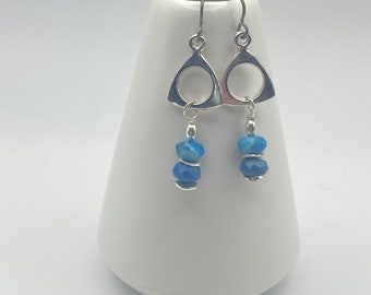 Blue Jasper Bead Earrings, Two Bead Dangle, Silver Open Triangle, Gift Under 30, Southwestern Style