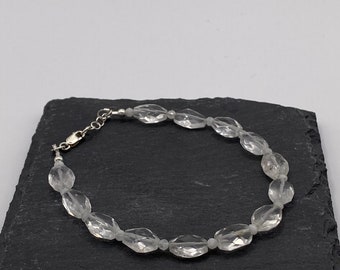 Aquamarine Bracelet, Moonstone Beads, Rough Cut Clear Aquamarine Stones, Silver-Fill Lobster Clasp, 8 inch Adjustable, Mothers Day Gift