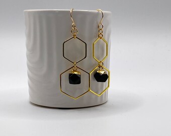 Brass Hexagon Earrings, Small Onyx Accent Bead, Gold Fill Earwires, Geometric Dangle Earrings, Trendy Earring Gift