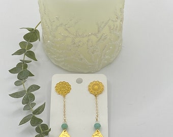 Mandela Post Earrings, Amazonite Bead Dangle, Long Gold Chain