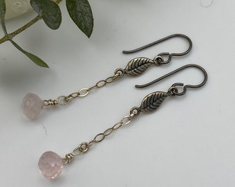 Rose Quartz Earrings, Long Silver Chain w/ Beaded Dangle, Pewter Leaf Earrings, Boho Nature Lover Gift