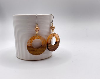 Open Circle Drop Earrings, Resin and Wood Dangle,  Hypoallergenic Earwires,  Trendy Summer Colors