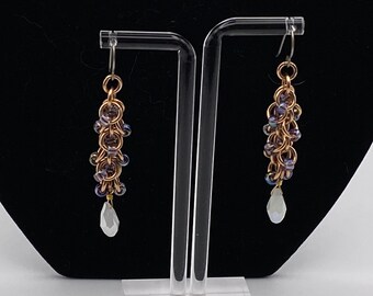 Bronze and Purple Glass Bead Chainmail Earrings, White Crystal Dangle, Party Earrings