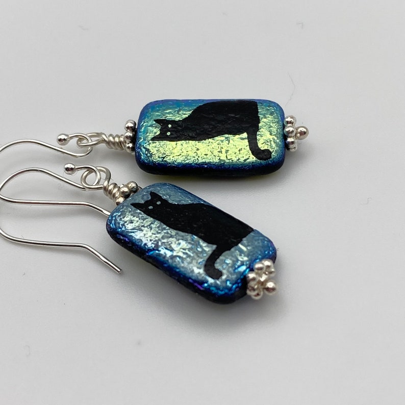 Black Cat Earrings, Rectangular Czech Glass Bead Drop, Sterling Silver French Hook, Cat Lover Gift image 3