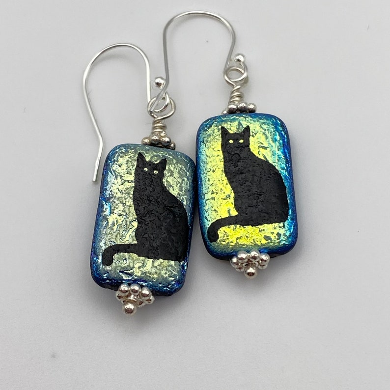 Black Cat Earrings, Rectangular Czech Glass Bead Drop, Sterling Silver French Hook, Cat Lover Gift image 7