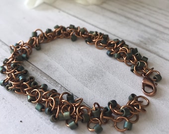 Green bead bracelet, shaggy loops weave, bronze chainmail bracelet, funky bracelet, chunky jewelry