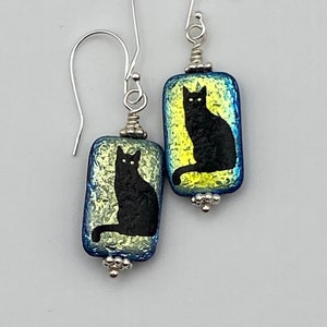 Black Cat Earrings, Rectangular Czech Glass Bead Drop, Sterling Silver French Hook, Cat Lover Gift image 1