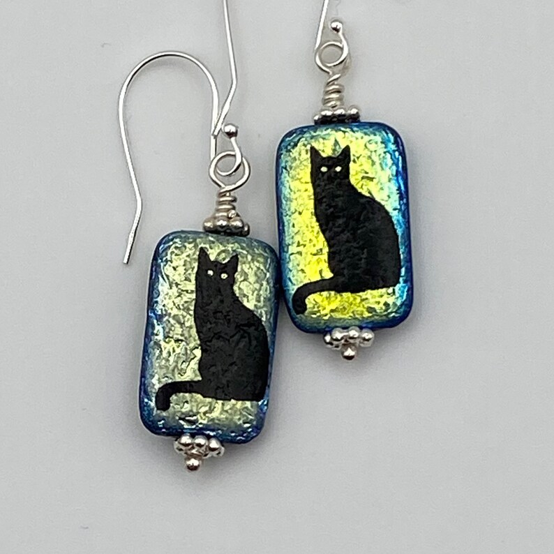 Black Cat Earrings, Rectangular Czech Glass Bead Drop, Sterling Silver French Hook, Cat Lover Gift image 1